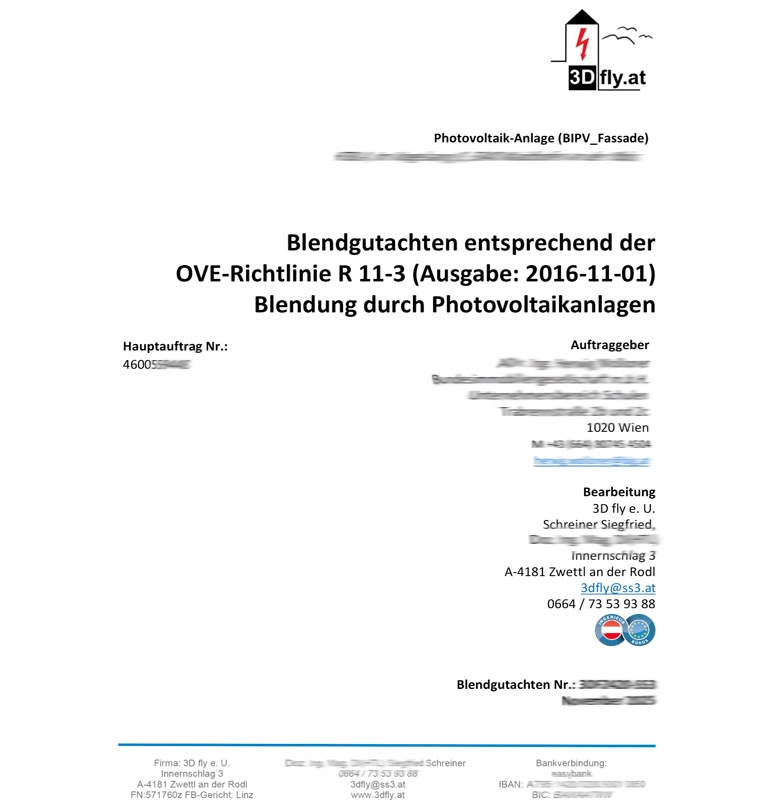 Deckblatt eines PV-Blendgutachtens nach ÖVE-Richtlinie R 11-3 zur normkonformen Bewertung von Blendung durch Photovoltaikanlagen