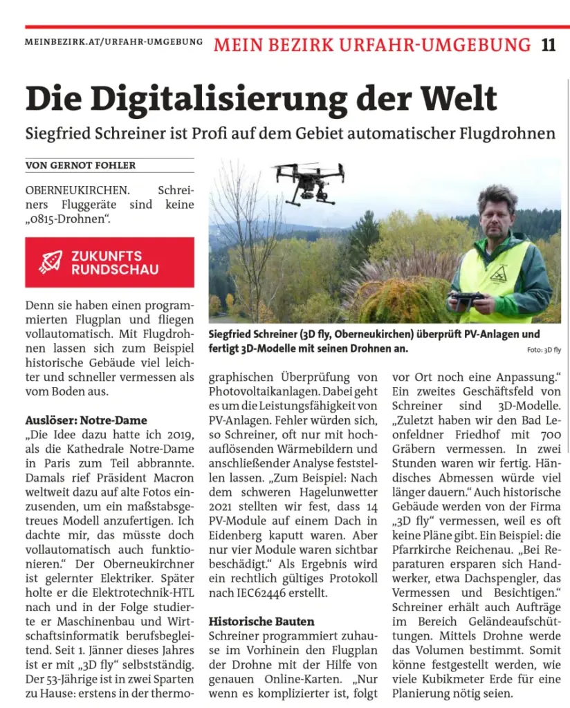 Zeitungsbericht über Drohnenvermessung durch 3D Fly e.U. zur digitalen Erfassung von Bestandsanlagen