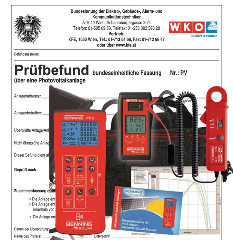 Prüfprotokoll zur elektrotechnischen Überprüfung einer Photovoltaikanlage nach ÖVE E 8101 und EN 62446
