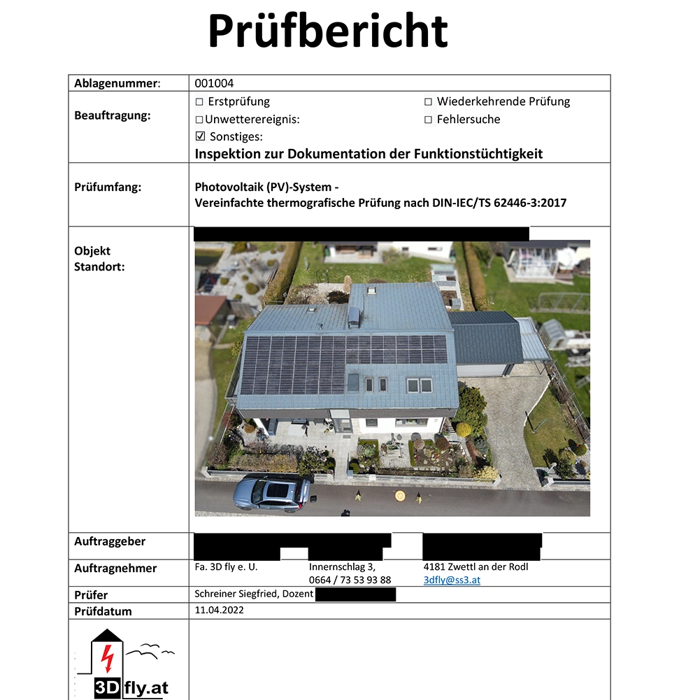 Beispiel eines Prüfberichts einer thermografischen Überprüfung einer Photovoltaikanlage nach DIN IEC/TS 62446-3