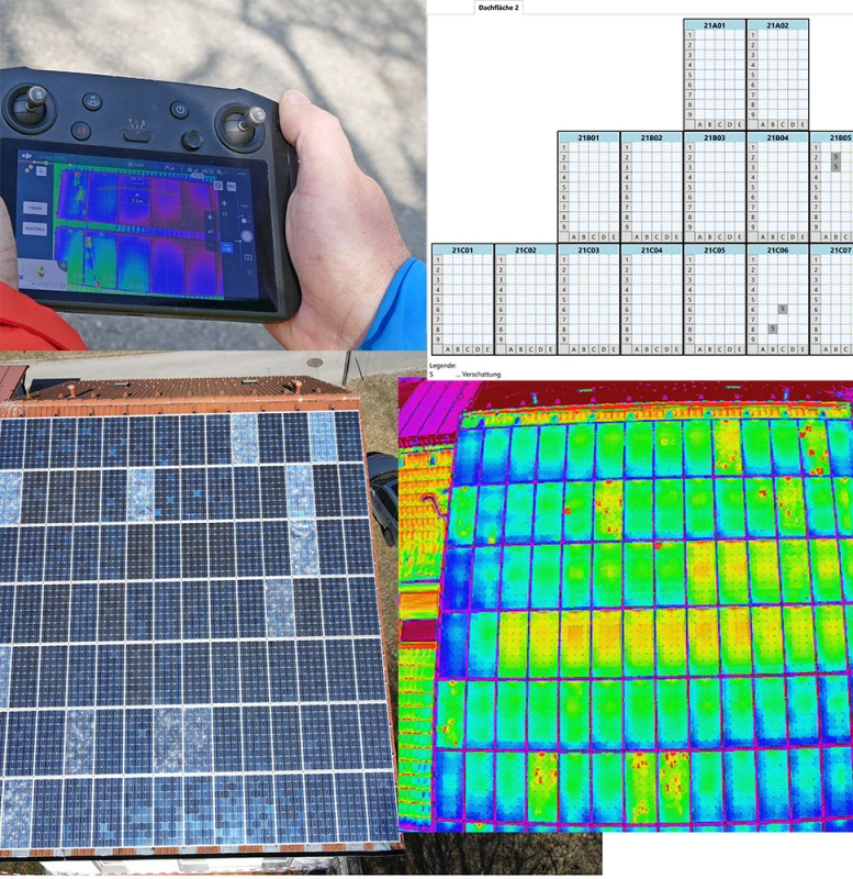 Vergleich: Normalaufnahme und Thermografiebild eines PV-Moduls mit Hotspot-Erkennung