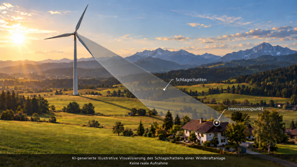 Illustration des Schlagschattens einer Windkraftanlage mit markiertem Immissionspunkt an einem Wohngebäude